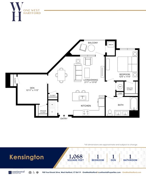 Floor plan for 1 bed, 1 bath, 1068 sqft
